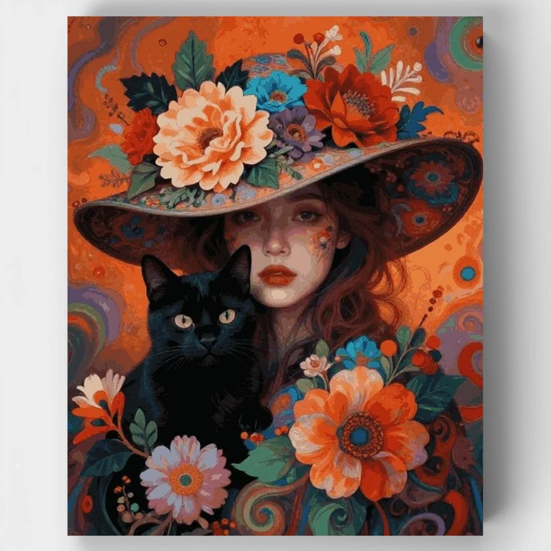 "Mystic Floral Lady and Black Cat" Paint by Numbers Kit