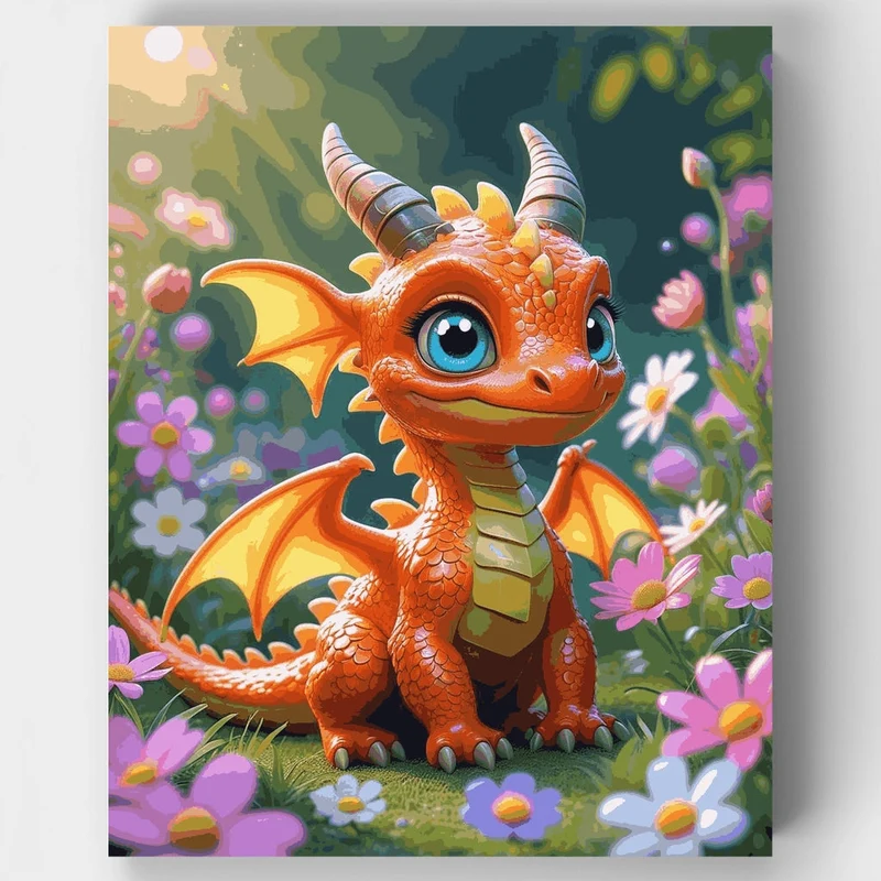 Cute Baby Dragon in Flower Garden - Paint by Numbers Kit