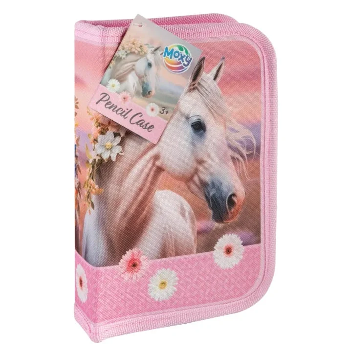 Filled Pencil Case, 28 Pieces, Pink Horse Design