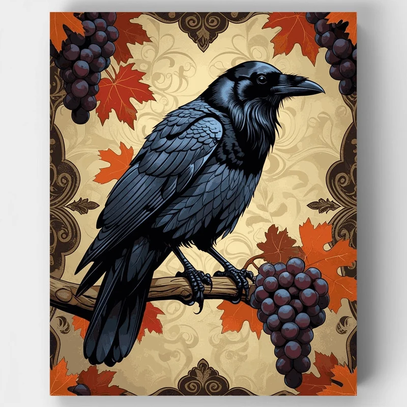 Raven with Grapes and Autumn Leaves - Paint by Numbers Kit