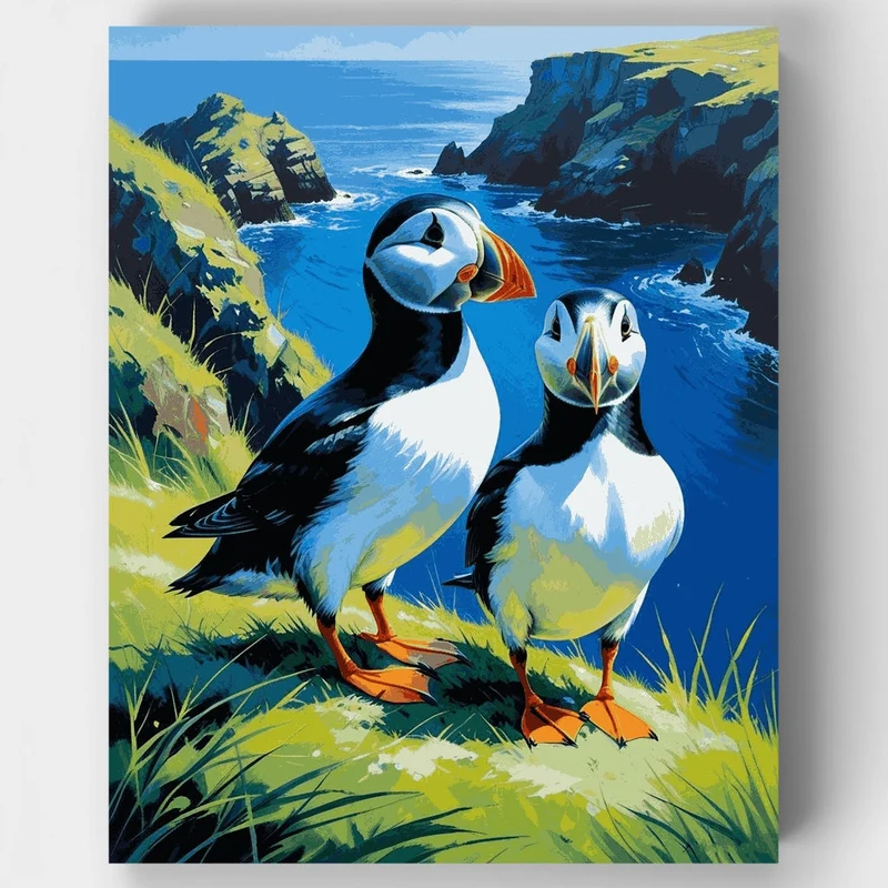 Puffin Pair on Rocky Coastal Cliffs - Paint by Numbers Kit
