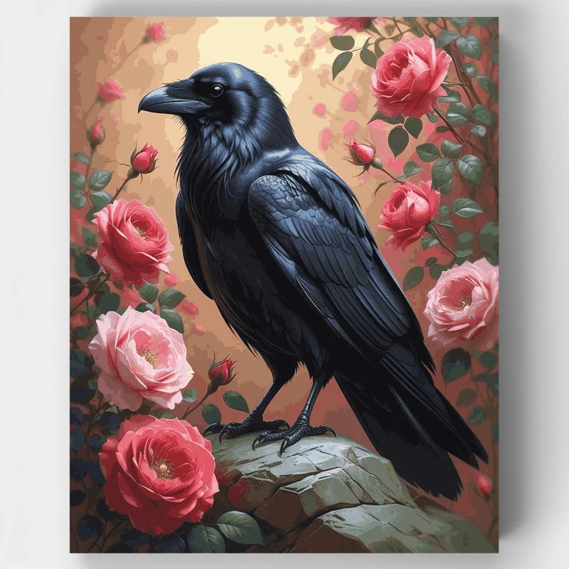 Raven Among Pink Roses - Paint by Numbers Kit