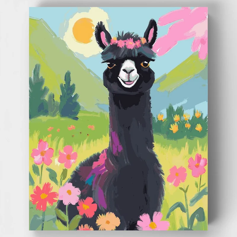 "Black Alpaca in Spring Bloom" Paint by Numbers Kit