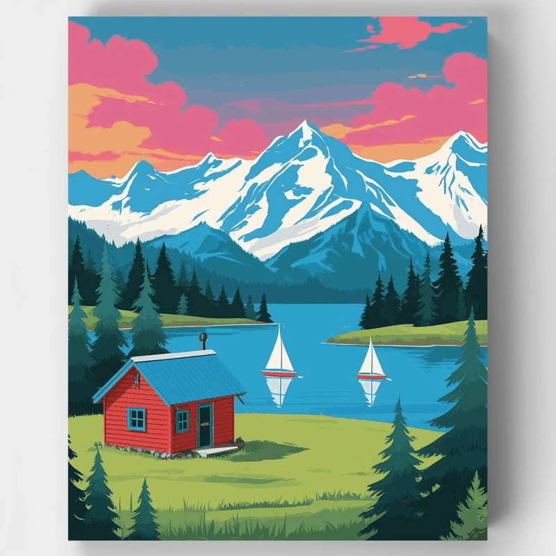 Alpine Lake Cabin with Sailboats - Paint by Numbers Kit