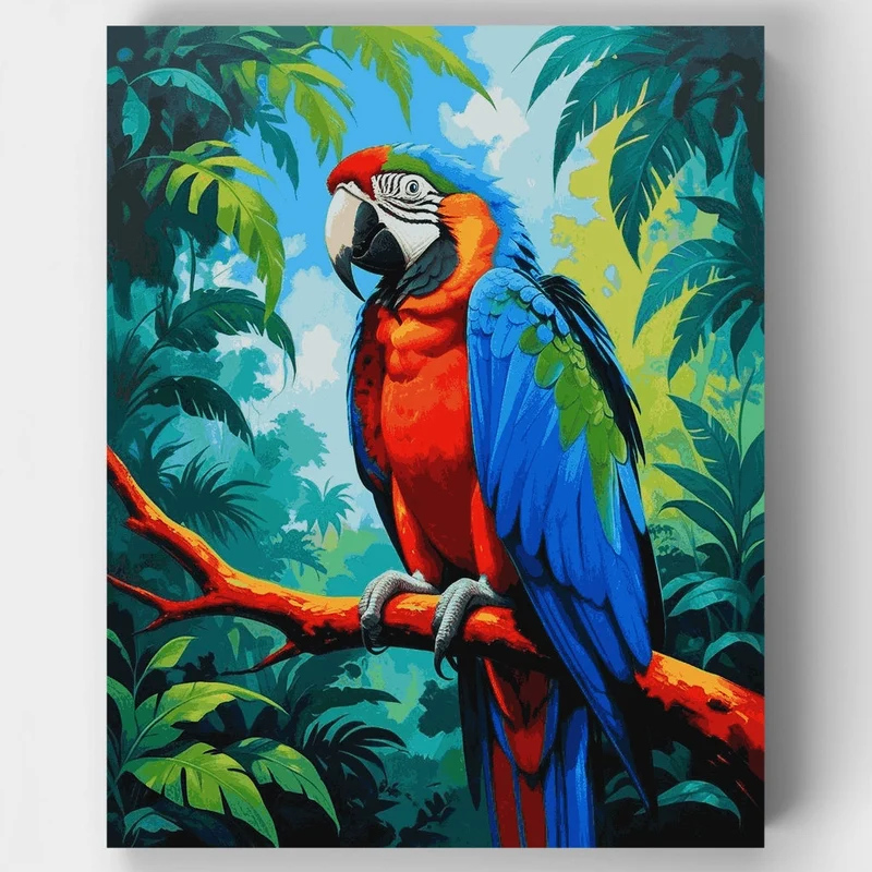 Majestic Macaw Perched in Lush Rainforest - Paint by Numbers Kit