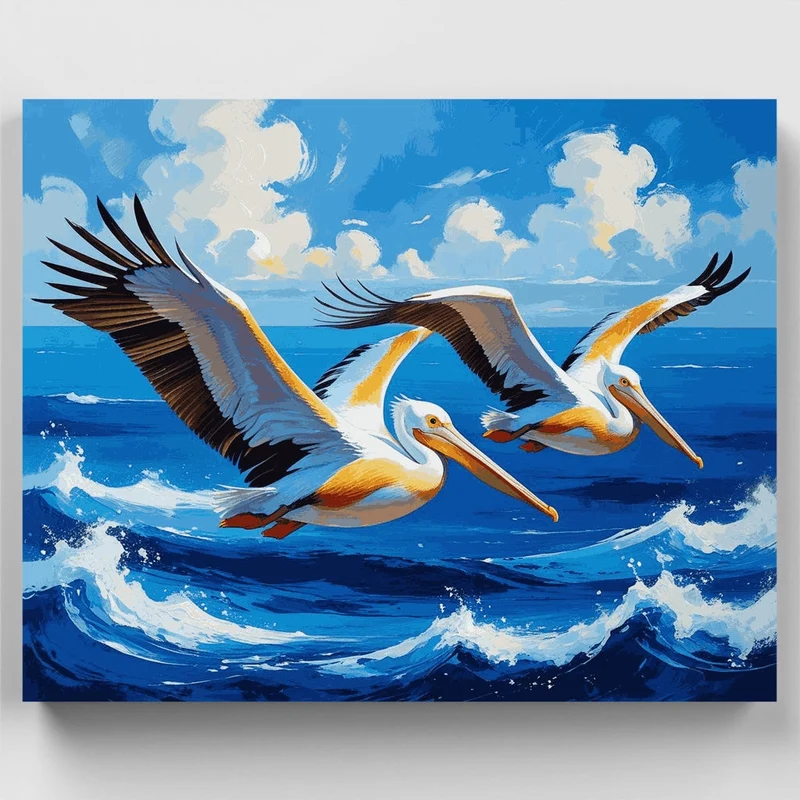 Pelicans Soaring Over Ocean Waves - Paint by Numbers Kit