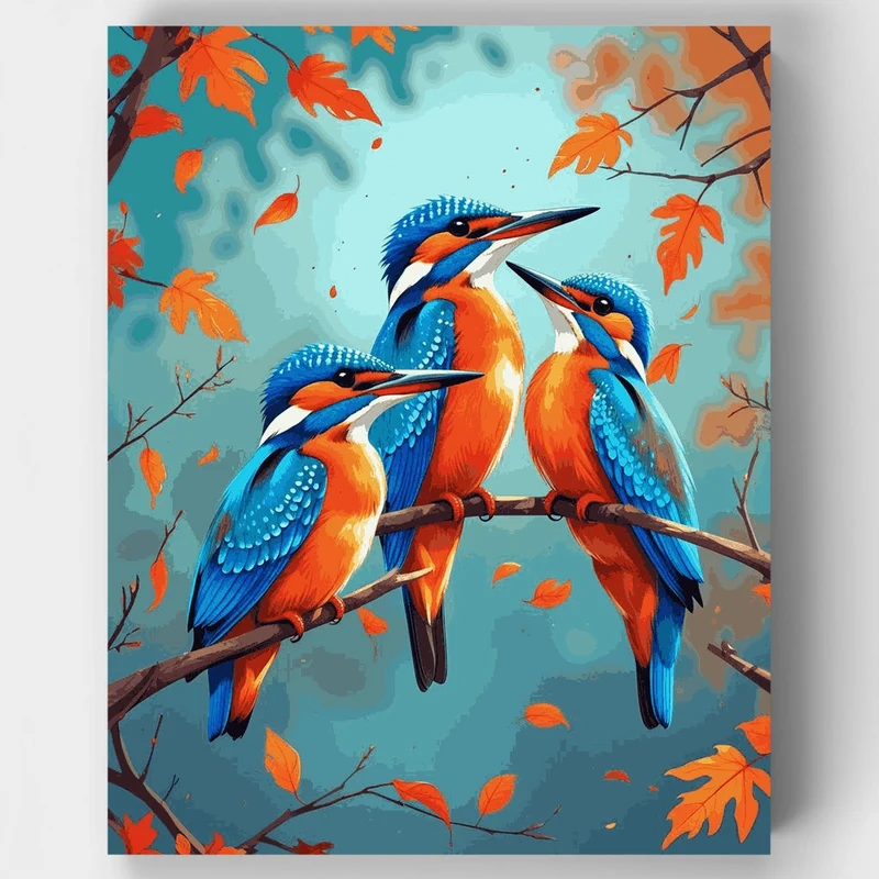 Three Kingfishers in Autumn - Paint by Numbers Kit