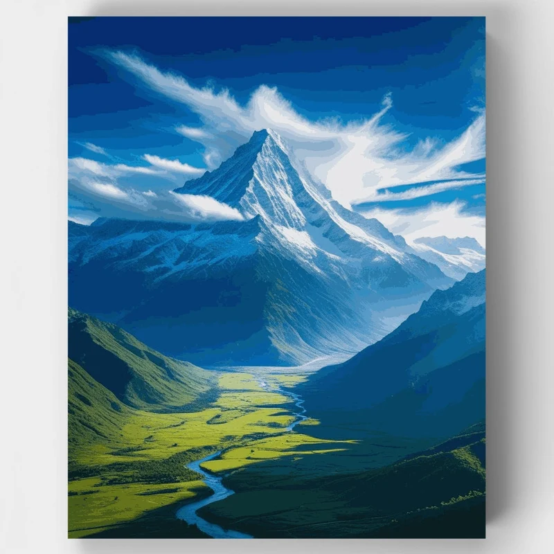 Majestic Mountain Valley with Glacial River - Paint by Numbers Kit