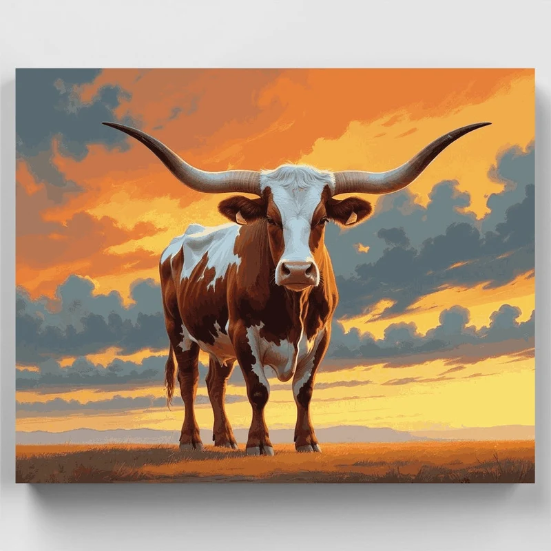 Majestic Texas Longhorn at Golden Sunset - Paint by Numbers Kit