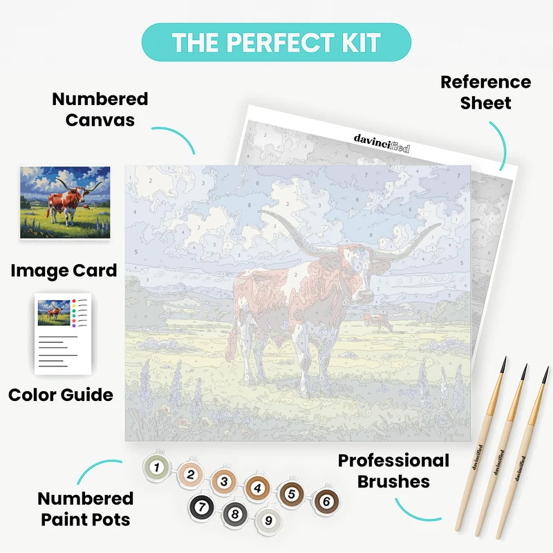 Texas Longhorn in Wildflower Meadow - Paint by Numbers Kit