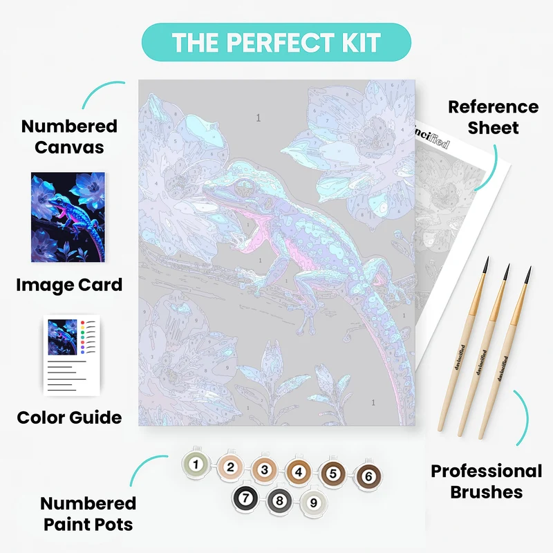 Neon Gecko with Luminous Flowers - Paint by Numbers Kit