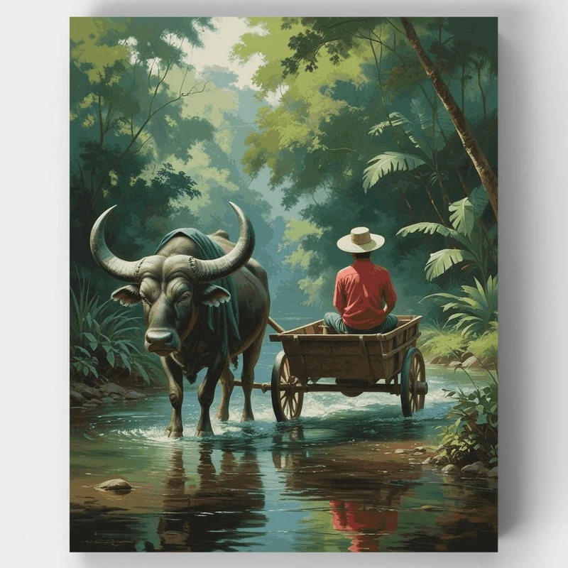 Water Buffalo Cart in Tropical Jungle - Paint by Numbers Kit