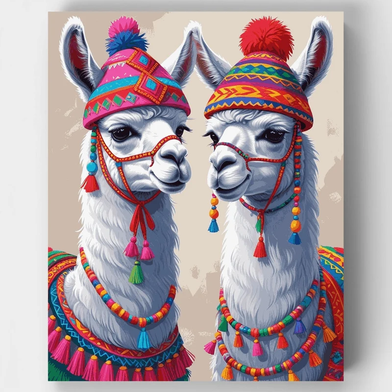 Festive Llamas in Traditional Attire - Paint by Numbers Kit