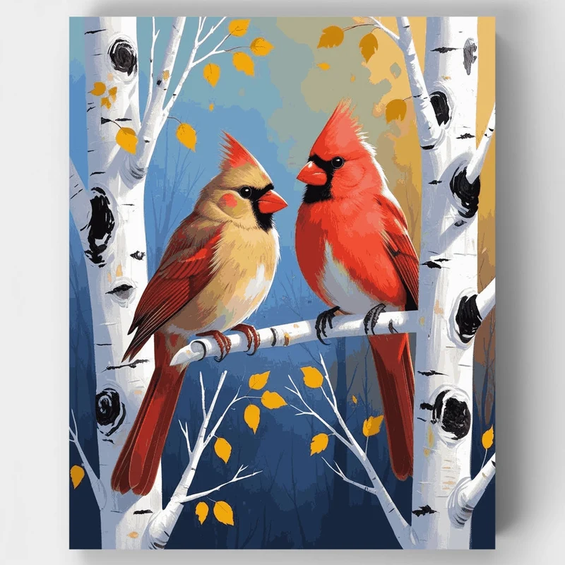Cardinal Pair in Birch Trees - Paint by Numbers Kit