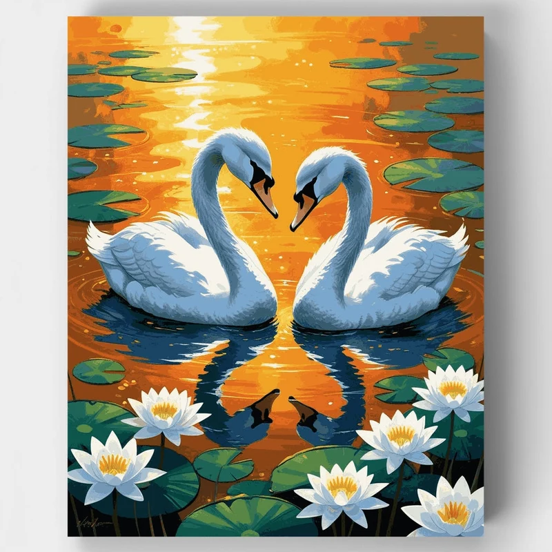Elegant Swans at Golden Hour with Water Lilies - Paint by Numbers Kit