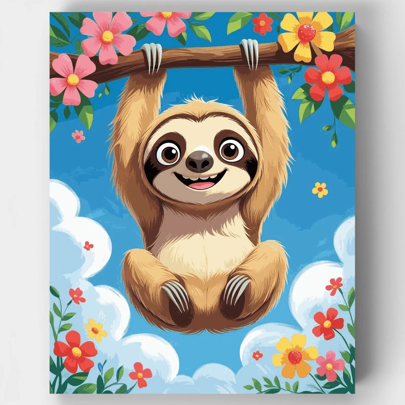 Cheerful Sloth Hanging Among Flowers - Paint by Numbers Kit
