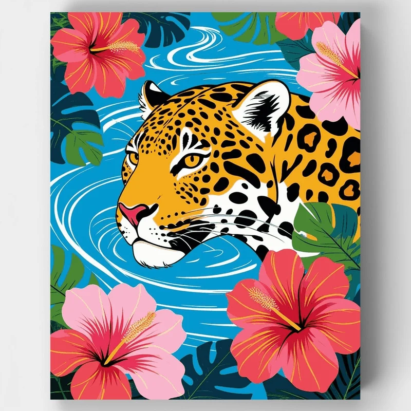 Jaguar Drinking from Tropical Waters - Paint by Numbers Kit