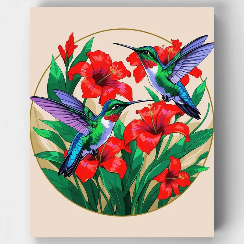 Vibrant Hummingbirds with Red Hibiscus Flowers - Paint by Numbers Kit