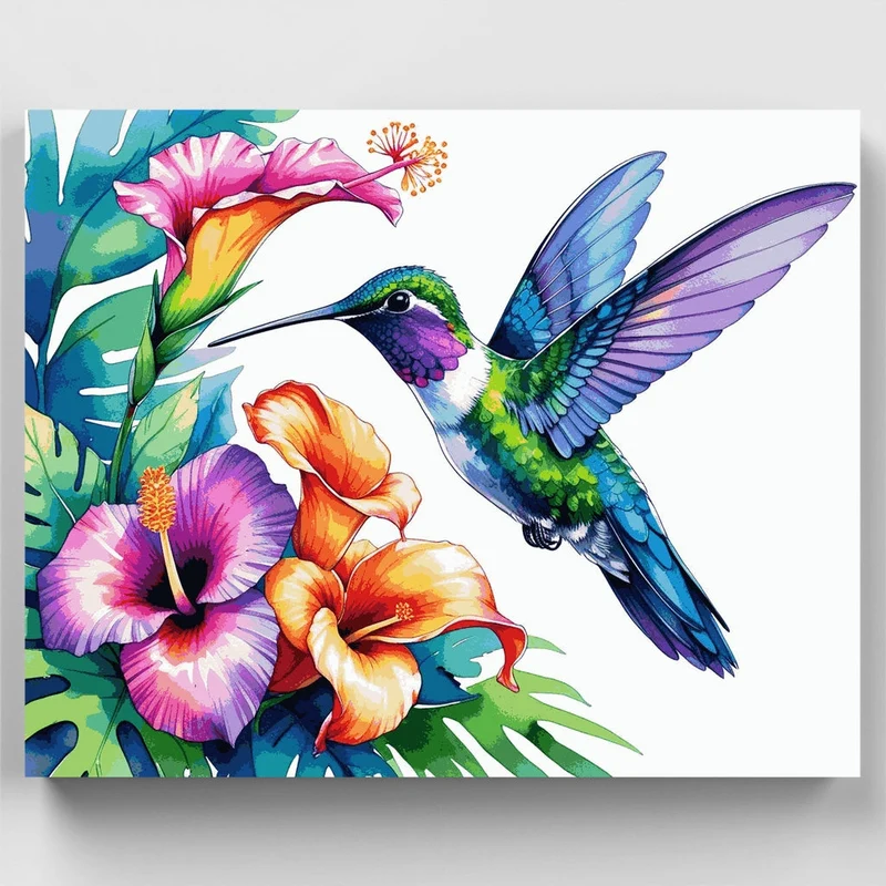 Vibrant Hummingbird with Tropical Flowers - Paint by Numbers Kit