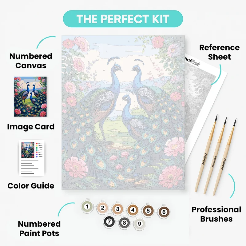 Three Majestic Peacocks in a Vibrant Floral Garden - Paint by Numbers Kit
