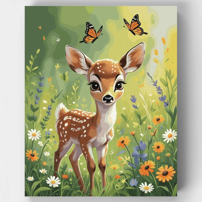Baby Deer with Butterflies in Meadow - Paint by Numbers Kit
