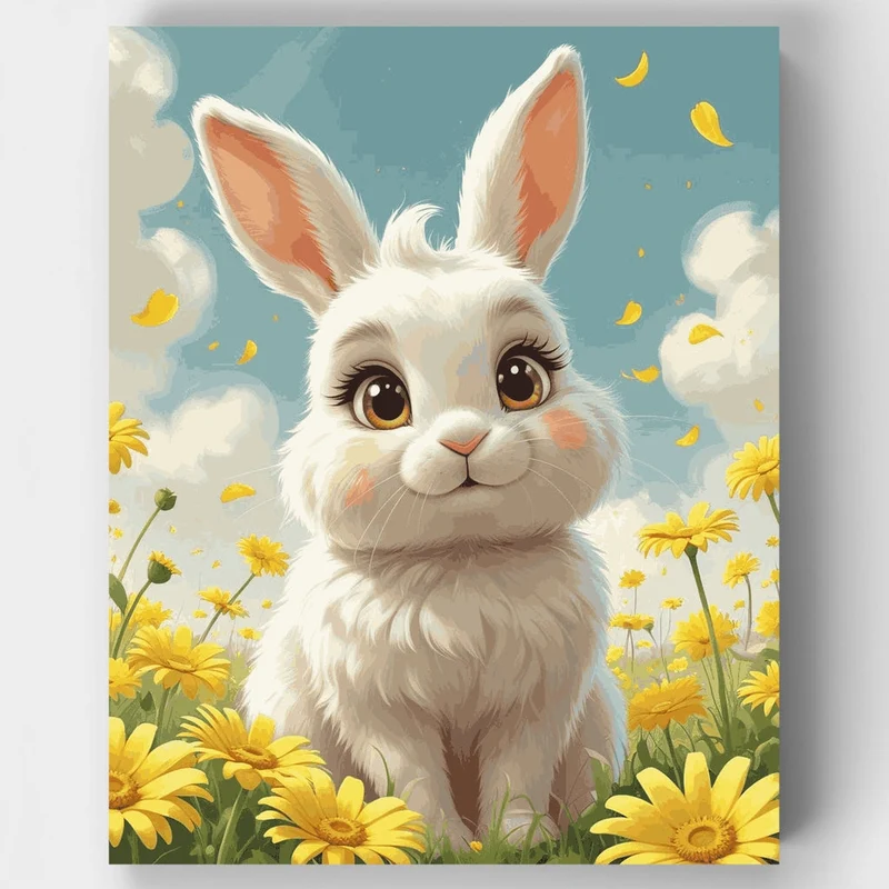 Adorable White Bunny in Sunny Flower Field - Paint by Numbers Kit