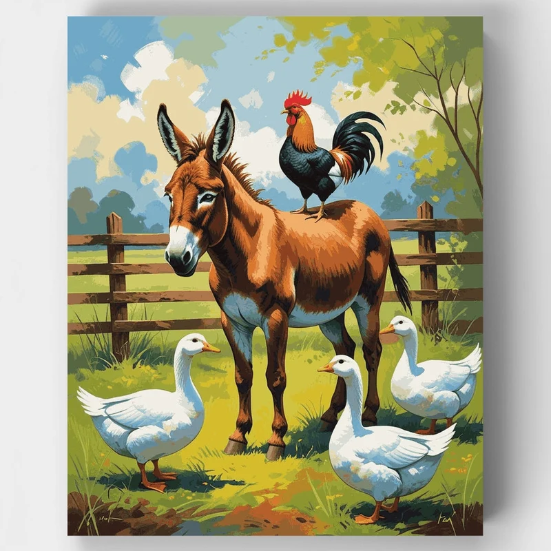 Farmyard Friends with Donkey and Rooster - Paint by Numbers Kit