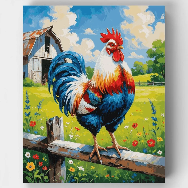 Vibrant Rooster on Rustic Farm Fence - Paint by Numbers Kit