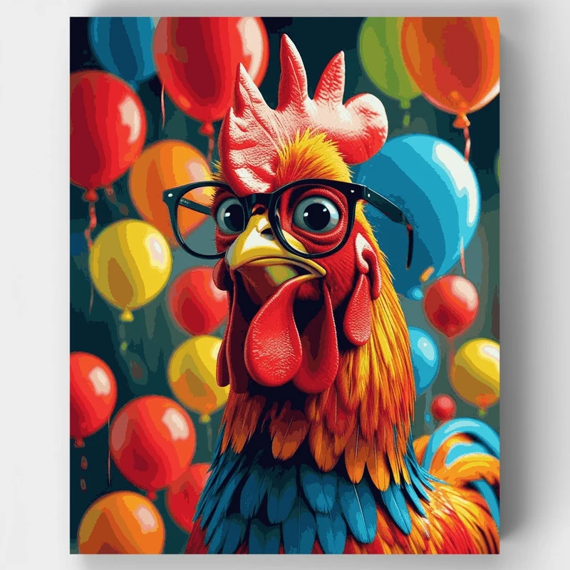 Rooster with Glasses and Balloons - Paint by Numbers Kit