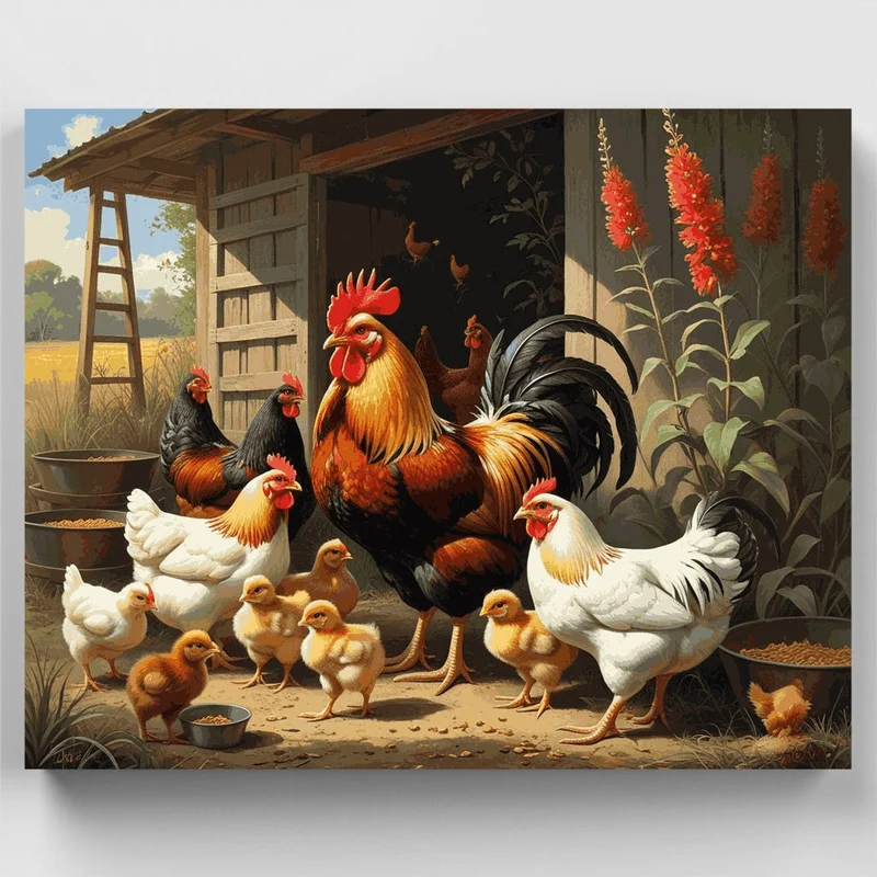 Rustic Farm Rooster Family - Paint by Numbers Kit