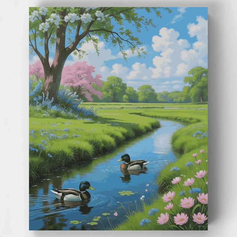 Serene Spring Stream with Ducks - Paint by Numbers Kit