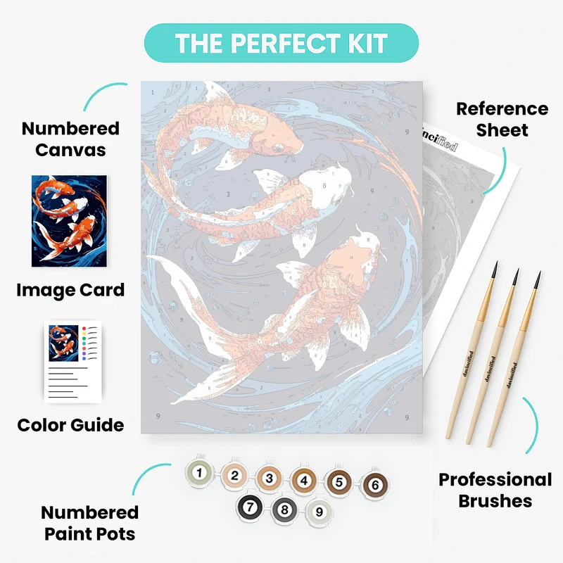Three Koi Fish Swimming in Swirling Blue Waters - Paint by Numbers Kit