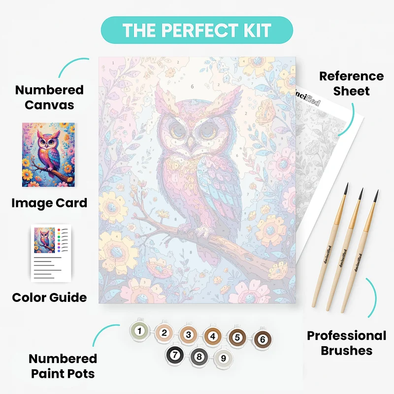Vibrant Rainbow Owl in Floral Garden - Paint by Numbers Kit