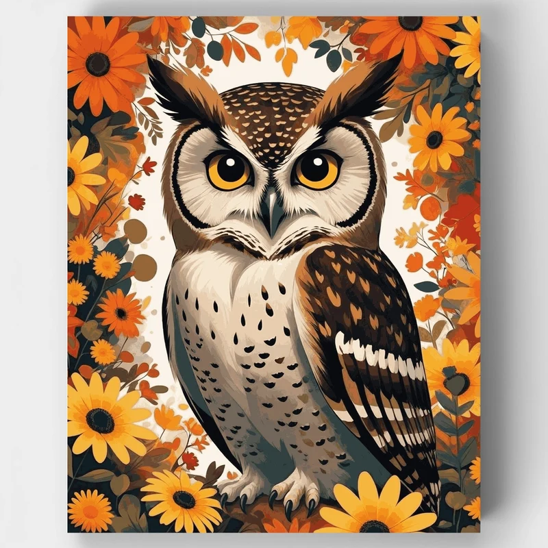 Majestic Owl with Autumn Flowers - Paint by Numbers Kit