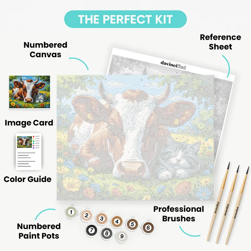 Cow and Cat Resting in Flower Meadow - Paint by Numbers Kit