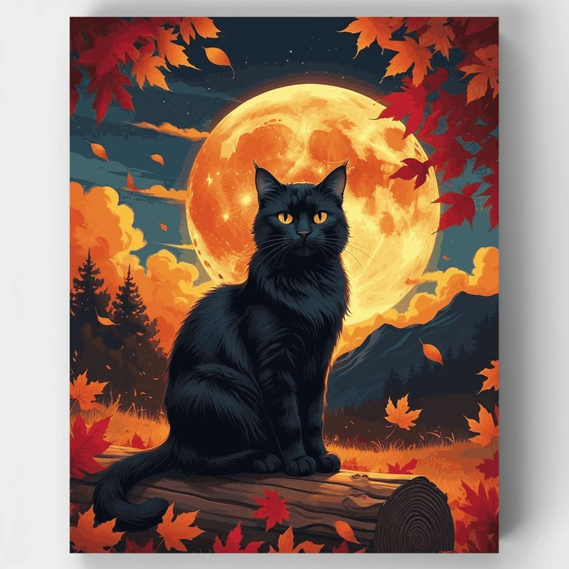 Black Cat Under Autumn Moon - Paint by Numbers Kit