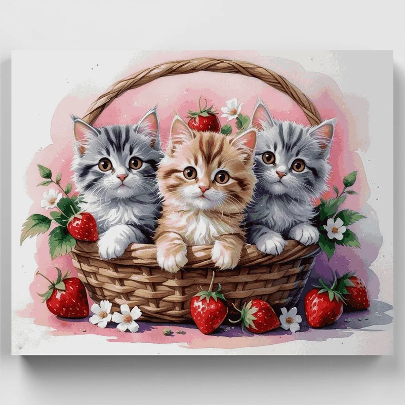 Three Adorable Kittens in a Strawberry Basket - Paint by Numbers Kit