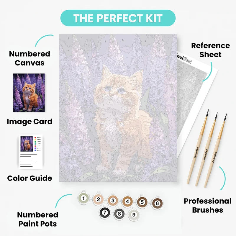 Orange Kitten in Purple Lavender Garden - Paint by Numbers Kit
