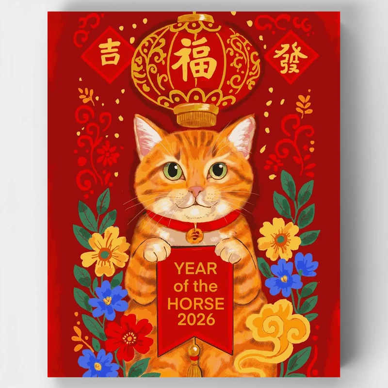 "Cat celebrating Year of the Horse" Paint by Numbers Kit