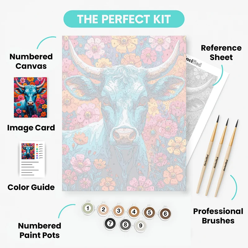 Blue Cow in Vibrant Flower Field - Paint by Numbers Kit