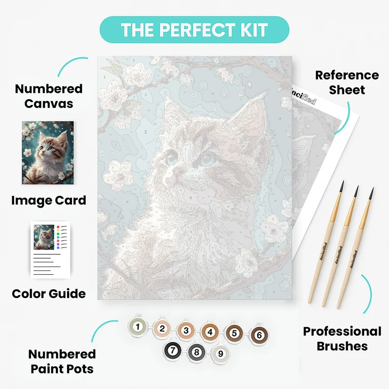 Fluffy Kitten Among Cherry Blossoms - Paint by Numbers Kit