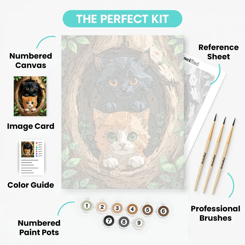 Two Kittens Peeking from Tree Hollow - Paint by Numbers Kit