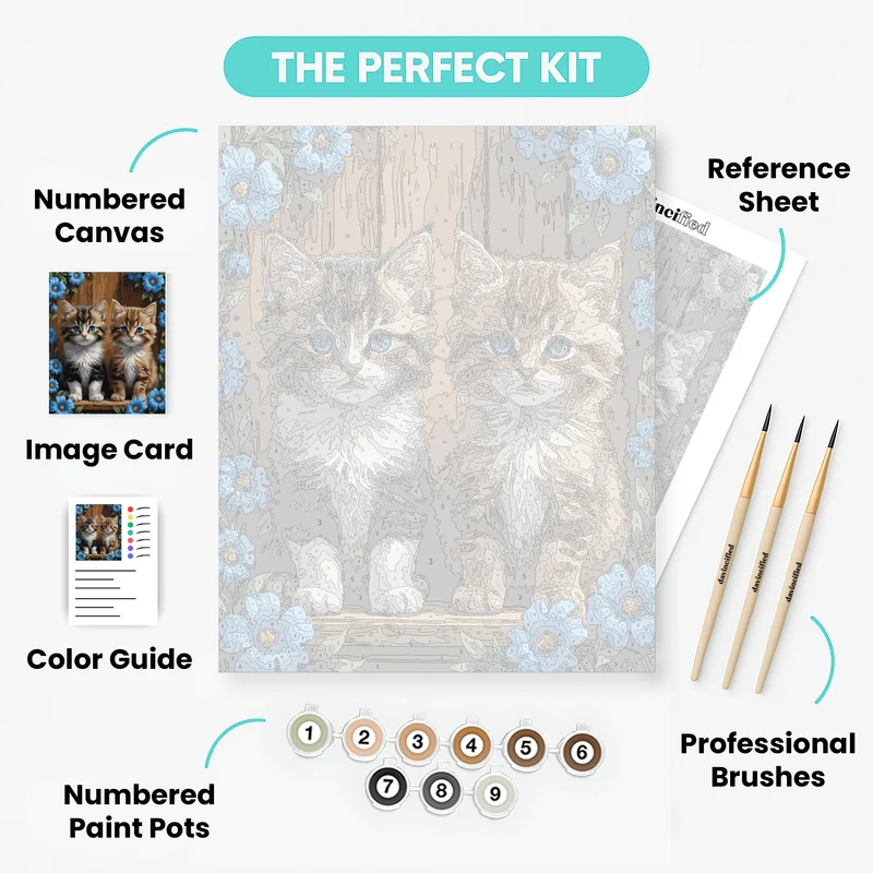 Two Adorable Kittens with Blue Flowers - Paint by Numbers Kit