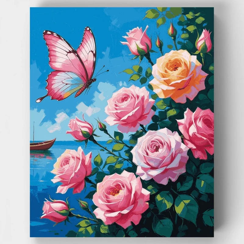 Pink Butterfly and Roses by the Sea - Paint by Numbers Kit
