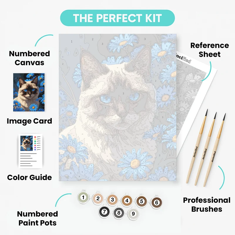 Siamese Cat with Blue Daisies - Paint by Numbers Kit