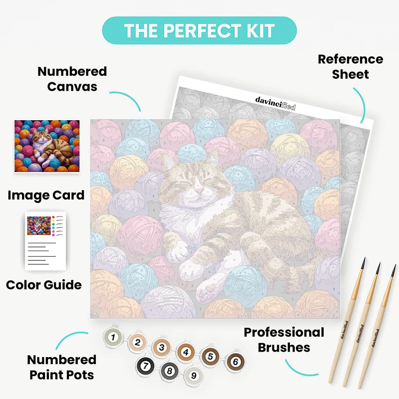 Contented Tabby Cat Nestled in Colorful Yarn Balls - Paint by Numbers Kit