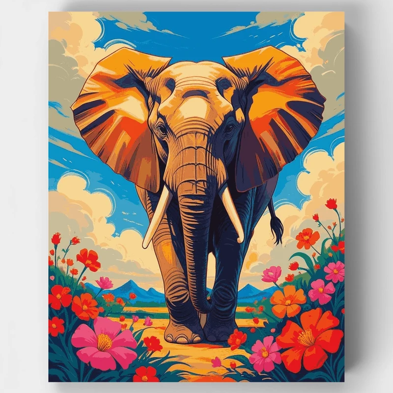Majestic Elephant in Blooming Meadow - Paint by Numbers Kit