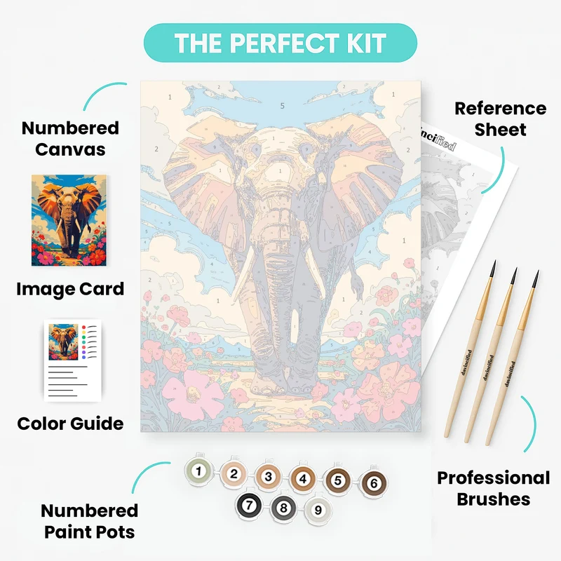 Majestic Elephant in Blooming Meadow - Paint by Numbers Kit