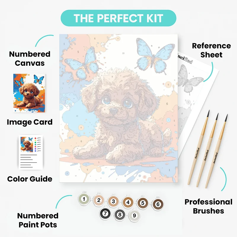 Adorable Poodle Puppy with Blue Butterflies - Paint by Numbers Kit