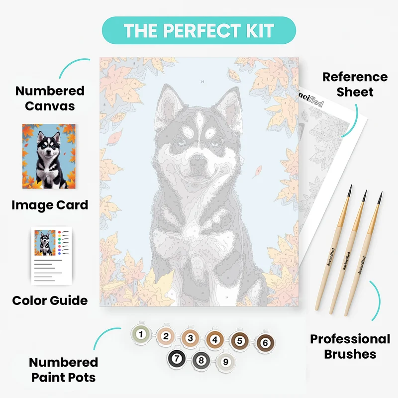 Husky Puppy in Autumn Leaves - Paint by Numbers Kit
